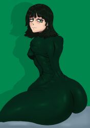 ass ass_bigger_than_head ass_focus back_view big_ass big_butt clothed dat_ass dress fubuki_(one-punch_man) green_eyes green_hair large_ass looking_at_viewer looking_back one-punch_man sitting_on_lap sitting_on_penis sitting_on_person skin_tight smile tsuman_(artist)