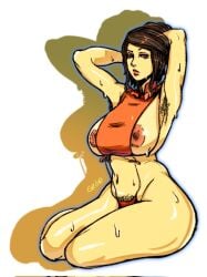 armpit_hair armpits arms_up bastila_shan big_breasts chubby female_armpit_hair hairy_armpits knights_of_the_old_republic massive_breasts plump posing pubic_hair pubic_hair_peek solidusgrilo star_wars sweat sweatdrop