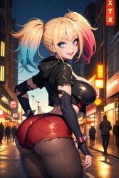 1girls ai_generated ass big_breasts blonde_hair blue_eyes breasts harley_quinn harley_quinn_(suicide_squad_isekai) jinzo1993 looking_at_viewer looking_back public short_hair solo suicide_squad_isekai thick_thighs twintails