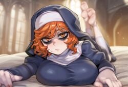 ai_generated big_breasts breasts breasts_out church church_interior nun nun_outfit red_hair