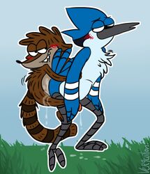 anal anal_sex avian bird blue_jay blush cum furry furry_only gay male mordecai no_humans penetration penis raccoon regular_show rigby verquilion