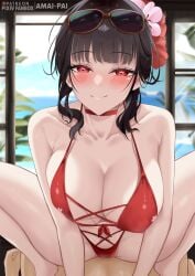 1boy 1girls amai-pai artist_name beach bikini black_hair blurry_background blush breasts choker clothed_female_nude_male collarbone commander_(nikke) cowgirl_position eyebrows_visible_through_hair flower_in_hair goddess_of_victory:_nikke hair_ornament hi_res large_breasts looking_at_viewer medium_hair official_alternate_costume patreon plant pov red_bikini sakura_(bloom_in_summer)_(nikke) sakura_(nikke) sea sitting_on_person sky smile solo_focus straddling straight sunglasses sunglasses_on_head swimsuit underwear water window
