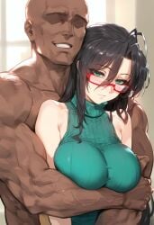 1boy 1girls ai_generated bare_arms bare_shoulders big_breasts black_hair blush color dark-skinned_male dark_skin female glasses green_eyes hasegawa_chisato hi_res interracial large_breasts light-skinned_female light_skin long_hair looking_at_viewer male male/female muscles muscular muscular_male nakatori shinmai_maou_no_testament tagme thick_thighs