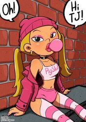1girls alternative_hairstyle ashley_spinelli beanie blonde_hair blowing_bubblegum brick_wall choker crop_top earrings english_text garabatoz looking_at_viewer miniskirt open_jacket pink_lips pink_skirt recess sitting slutty_outfit solo speech_bubble striped_legwear text_on_clothing thighhighs twintails