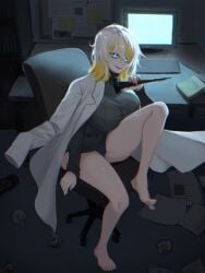 1girls big_breasts clothing coat dyed_hair faust_(limbus_company) female female_only kromer_(limbus_company) legs_up limbus_company looking_at_viewer panties project_moon sitting smile the_one_who_grips_faust_(limbus_company) thick_thighs turtleneck white_hair