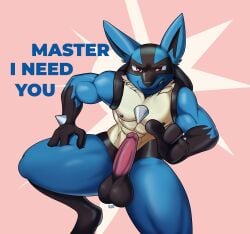 abs anthro balls biceps english_text erection front_view generation_4_pokemon genitals hand_on_leg hand_on_thigh hi_res hoitfay humanoid_genitalia humanoid_penis looking_at_viewer lucario male muscular muscular_male narrowed_eyes nintendo nipples pecs penis pink_background pokemon pokemon_(species) simple_background solo text