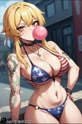 1girls 4th_of_july ai_generated american_flag american_flag_bikini american_flag_legwear big_breasts bikini bikini_top bubble_blowing bubble_gum chewing_gum cowgirl_position female female genshin_impact gum gyaru lumine_(genshin_impact) milf miss_io tattoo tattoo_on_arm