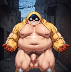 1boy ai_generated balls bara big_balls big_moobs big_nipples big_penis blonde_hair booster_rex erection fatgum gay human hunk male male_only mask mask_only masked_male moobs musclegut my_hero_academia navel nipples nude overweight overweight_human overweight_male pecs penis pubic_hair solo