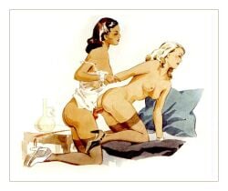 2girls blonde_hair bracelet brown_hair dark_hair female female_only gert_gagelmann heels light_hair lingerie multiple_girls naked nude partially_clothed pillow strap-on vintage