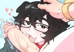 1boy blush colo_(nagrolaz) cum fellatio female glansjob glasses hands_on_another's_head highres licking licking_penis oral original penis twitching_penis