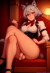 2024 ai_generated cat_ears cat_tail choker collar collar_tag crossed_legs flaccid flaccid_penis futanari gray_hair high_heels linia_dedoldia looking_at_viewer medium_breasts melusina mushoku_tensei precum precum_drip red_eyes self_upload short_hair sitting sitting_on_chair skirt skirt_up submissive throne uncensored