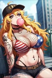 1girls 4th_of_july ahoge ai_generated american_flag american_flag_bikini american_flag_legwear big_breasts bikini bikini_top blonde_hair bubble_blowing bubble_gum chewing_gum cowgirl_position female gum gyaru milf miss_io tattoo tattoo_on_arm yellow_eyes