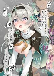 1boy black_jacket blush breasts caelus_(honkai:_star_rail) clothed_sex cropped_jacket female firefly_(honkai:_star_rail) green_skirt green_thighhighs grey_hair hair_ornament hairband highres hinata_kokage honkai:_star_rail honkai_(series) jacket long_hair long_sleeves medium_breasts neckerchief nipples open_mouth orange_neckerchief purple_eyes sex sex_from_behind shirt short_hair skirt speech_bubble straight thighhighs thighs trailblazer_(honkai:_star_rail) translation_request white_shirt