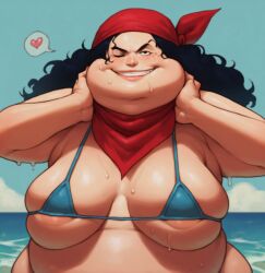 1girls ai_generated alvida bbw big_breasts bikini bikini_top black_hair fat fat_woman female female_only love_handles matronai_(artist) one_piece swimsuit ugly_female ugly_woman