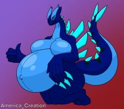 anthro arceus_tummy belly big_belly big_breasts blue_body breasts digital_media_(artwork) english_text female generation_2_pokemon hi_res legendary_pokemon lugia markings navel nikostargazer nintendo pokemon pokemon_(species) pregnant pregnant_anthro pregnant_female simple_background solo spikes tail text