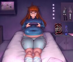 bbw bed belly_overhang big_belly big_female blush blush chubby chubby_female embarrassed fat fat_ass fat_female fat_fetish fat_girl fat_woman fatty gaming kipteitei large_female obese obese_female overweight overweight_female persona persona_5 pig plump pork_chop pudgy_belly sakura_futaba thick_thighs tight_clothes tight_clothing tight_fit tubby weight_gain