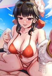 1boy 1girls artist_name bare_shoulders beach bikini black_shorts breasts cameltoe choker cleavage cloud collarbone commander_(nikke) cowgirl_position eyebrows_visible_through_hair female flower flower_in_hair fuhikari goddess_of_victory:_nikke hair_ornament hand_on_thigh large_breasts looking_at_viewer male medium_hair off_shoulder official_alternate_costume open_mouth pov purple_eyes red_bikini sakura_(bloom_in_summer)_(nikke) sakura_(nikke) seaside side-tie_bikini sitting_on_person sky smile straddling straight sunglasses sunglasses_on_head sweat swimsuit teeth tongue underwear water white_shirt