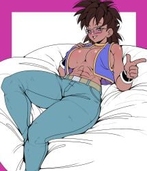 1girls abs bean_bag_chair blush bracers brown_hair cleavage commission dark-skinned_female dragon_ball dragon_ball_xenoverse glasses hand_on_breast kiwiartsu large_breasts muscular_female on_back original_character pants pointing smile sweat vest_only