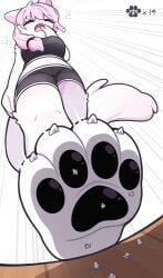 artist_request big_breasts black_pawpads black_shorts black_topwear claws closed_eyes counter cute extreme_size_difference feline floor foot_fetish foot_focus furry giantess hand_in_front_of_mouth macro micro micro_on_macro navel open_mouth paws pink_hair size_difference stomping tinies tiny white_background yawn