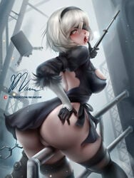 ass ass_grab blush female fog masturbation mumeaw nier nier:_automata patreon_reward pussy see-through see-through_panties short_hair silver_hair sitting_on_object skirt_lift tongue_out weapon yorha_2b