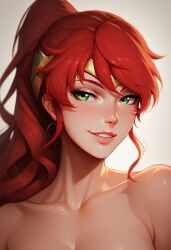 1girls ai_generated green_eyes high_ponytail long_hair looking_at_viewer ponytail pyrrha_nikos red_hair rwby shiny_hair shiny_skin sidelocks simple_background tagme