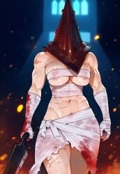 1girl ai_generated areola areola_slip areolae bandage blood_stain blurry_background female female_only genderswap_(mtf) holding_object holding_weapon jagat_ai knife midriff monster monster_girl muscular muscular_male navel nipples nipples_visible_through_clothing novelai pubic_hair pubic_hair_peek pyramid_head rule_63 scar silent_hill solo solo_female sweat sweatdrop sweating torn_clothes torn_clothing weapon