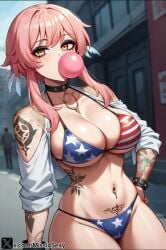 1girls 4th_of_july ai_generated american_flag american_flag_bikini american_flag_legwear big_breasts bikini bikini_top bubble_blowing bubble_gum bubblegum chewing_gum cowgirl_position female genshin_impact gum gyaru lumine_(genshin_impact) miss_io pink_hair pubic_tattoo tattoo tattoo_on_arm usa_bikini