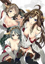 haruna_(kantai_collection) hiei_(kantai_collection) kantai_collection kirishima_(kantai_collection) kongou_(kantai_collection) miko mokusei_zaijuu nipples stockings thighhighs