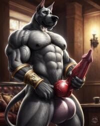 ai_generated anthro anthrofied canid canine canine_genitalia canine_penis cum cumshot great_dane huge_balls huge_cock knot knotted_penis masturbation monster monster_cock muscular muscular_anthro muscular_male original original_character