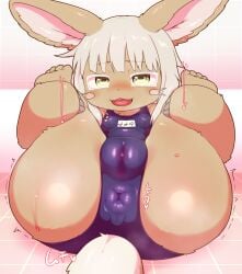 alacarte anthro anus_outline ass biped blush bodily_fluids camel_toe clothing cute_fangs female fur glistening glistening_butt green_eyes heart_symbol hi_res horizontal_pupils legs_up looking_at_viewer made_in_abyss nanachi narehate one-piece_swimsuit pupils solo sweat swimwear tail tan_body tan_fur teeth tongue