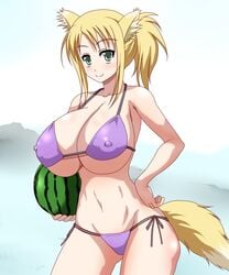 animal_ears bikini blonde_hair breasts dog_days dog_ears dog_tail female gigantic_breasts green_eyes gumumu ponytail solo tied_hair watermelon yukikaze_panettone