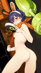 anus ass belle_(zenless_zone_zero) blue_hair blush breasts censored closed_mouth female fingernails from_side green_eyes hair_between_eyes highres holding holding_mask looking_at_viewer mask medium_breasts mosaic_censoring nashidrop nude pussy scarf short_hair sideboob sidelocks smile solo thighs variant_set yellow_scarf zenless_zone_zero