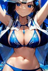 1girls ai_generated arms_up artist_request bare_midriff beach bikini black_hair blue_bikini blue_eyes blue_swimsuit breasts character_request cleavage feet_out_of_frame female female_only large_breasts nature navel solo source_request swimsuit tagme two-piece_swimsuit