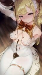 1girls 2024 aya_(thon2hk) blonde_hair breasts chocolate clothed clothing female female_only green_eyes human light-skinned_female light_skin maid mostly_clothed pouring pouring_on_self sitting small_breasts solo