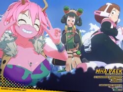 2boys 3girls anime ashido_mina asui_tsuyu big_breasts boku_no_hero_academia breasts brown_hair brown_hair_female butt_crush buttcrush car clothed clothed_female crushed_car giantess green_hair green_hair_female hero_outfit_(mha) light-skinned_female light_skin long_tongue manga mina_ashido my_hero_academia ochako_uraraka pink-skinned_female pink_hair pink_hair_female pink_skin post-timeskip scrag_boy scraggy_(artist) tsuyu_asui uraraka_ochako