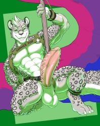 absurd_res anthro big_penis felid feline feline_genitals genitals harness hi_res male mammal pantherine penis pride service_top snow_leopard