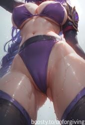 ai_generated bikini covered_nipples genshin_impact purple_bikini raiden_shogun stockings sweat sweatdrop wet