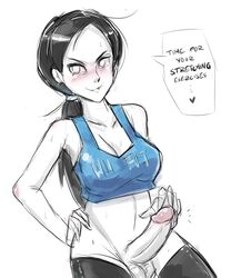 1futa blush breasts cleavage dickgirl erection futa_only futanari greyface heart intersex long_hair looking_at_viewer nintendo penis ponytail shirt solo solo_futa super_smash_bros. testicles text tied_hair wii_fit wii_fit_trainer