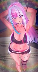 1girls 3d arms_behind_head arms_up ass blue_eyes breasts cleavage collar crop_top deluxe_rosie female female_only fishnet_armwear fishnet_legwear hips hourglass_figure indie_virtual_youtuber indoors light-skinned_female light_skin long_hair looking_at_viewer medium_breasts midriff multicolored_eyes multicolored_hair necklace nipple_bulge panties pink_eyes pink_hair pubic_tattoo purple_eyes revealing_clothes short_shorts solo solo_female spiked_collar standing tattoo thin_waist tongue tongue_out virtual_youtuber white_hair wide_hips yfu_baby