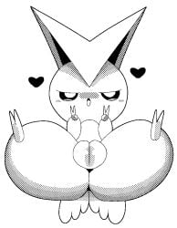 2024 2_toes 3_fingers black_and_white blush butt_wings digital_media_(artwork) feet female fingers generation_5_pokemon genitals gesture half-closed_eyes hand_gesture heart_symbol legendary_pokemon monochrome narrowed_eyes nintendo open_mouth plump_labia pokemon pokemon_(species) pussy seductive simple_background slem solo thick_thighs toes v_sign victini white_background wings