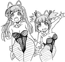 2girls bell bunny_costume bunnysuit cat_ears catgirl detached_collar monochrome nanashi_mushi open_mouth pantyhose wrist_cuffs