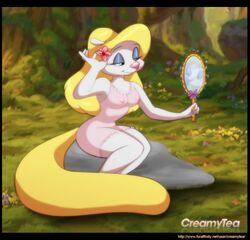 animaniacs anthro anthrofied breasts creamytea female flower fur grass hair long_hair minerva_mink mink mustelid nude smile solo