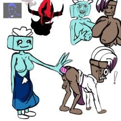 1futa 2females breasts_out brusha_(dandy's_world) dandy's_world derp_eyes dildo father_john_ward horns inserting insertion_assisting jxci meme mustard object_head roblox self_upload shitpost tisha_(dandy's_world)