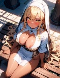 ai_generated bench big_breasts blonde_hair breasts calm church cleavage curvy curvy_body curvy_female curvy_figure curvy_hips dark_nipples elegant emotionless from_above gyaru leopard_print long_hair looking_at_viewer mature_female navel no_bra no_panties nun original original_character pout princess princess_marybelle_(starlightnex) proud short_sleeves sitting slim_waist starlightnex tan_body tan_skin teenager thick thick_hips thick_legs tight_clothing white_clothing wholesome wide_hips yellow_eyes younger_female