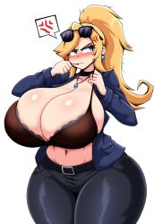 ai_generated annoyed bimbo blonde_hair blue_eyes earpiece huge_ass huge_breasts long_hair office_clothing office_lady simple_background wide_hips