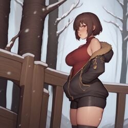 1girls ai_generated alternate_universe black_jacket breasts brown_hair chara female pony_diffusion_xl red_eyes red_shirt snow storyfell storyfell_chara undertale undertale_(series)