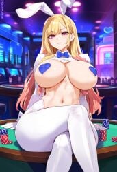 1girls ai_generated big_breasts breasts bunny_ears casino crossed_legs heart-shaped_pasties kitagawa_marin looking_at_viewer owner_(artist) reverse_bunnysuit solo sono_bisque_doll_wa_koi_wo_suru tagme thick_thighs wide_hips