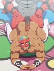 abs arched_back bara biceps big_ass big_penis bubble_butt edd_layerex facial_hair gay hands_on_hips huge_cock imminent_sex incineroar interspecies kukui_(pokemon) looking_back masked_male masked_royal muscular_male naked nervous_smile on_floor pecs penis_in_ass pokemon pokemon_sm pokephilia pubic_hair smile