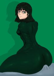 ass ass_bigger_than_head ass_focus assjob back_view big_ass big_butt buttjob buttjob_over_clothes clothed dat_ass dress fubuki_(one-punch_man) green_eyes green_hair large_ass looking_at_viewer looking_back one-punch_man opm sitting_on_lap sitting_on_penis sitting_on_person skin_tight smile tsuman_(artist)