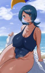 1girls beach big_breasts blue_eyes blue_hair blue_swimsuit blush breasts erect_nipples female female_only game_freak hair huge_breasts lana's_mother_(pokemon) looking_at_viewer mature mature_female mature_woman milf mother nipple_bulge nipples nipples_visible_through_clothing one-piece_swimsuit pokemon pokemon_sm pokori_po solo solo_female steam steamy_breath sweat sweatdrop swimsuit swimwear thick_thighs thighs towel